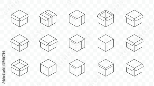 Collection of isometric line art icons depicting various cardboard boxes and packaging designs in a clean silhouette style