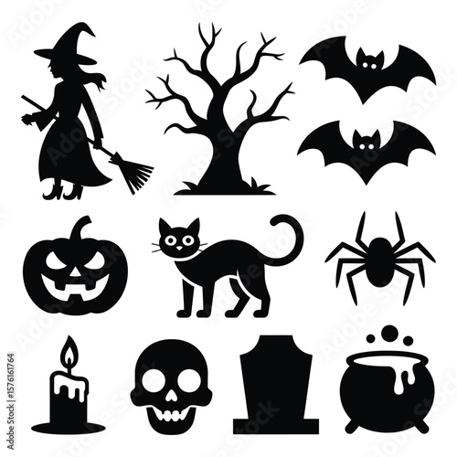 Halloween icons witch bats tree pumpkin cat spider candle skull tomb cauldron