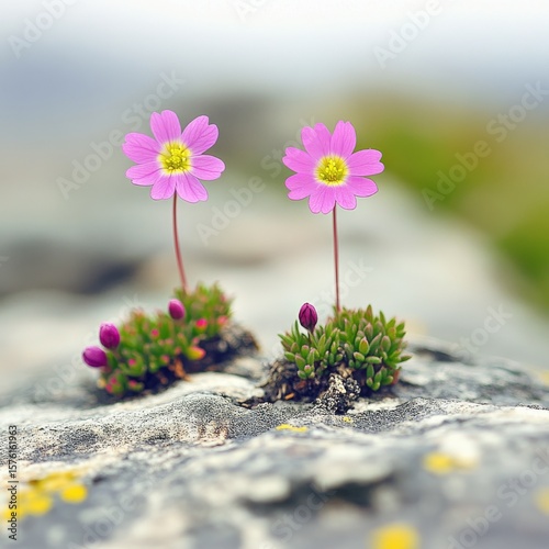 Two Pink Flowers Growing on Rock
