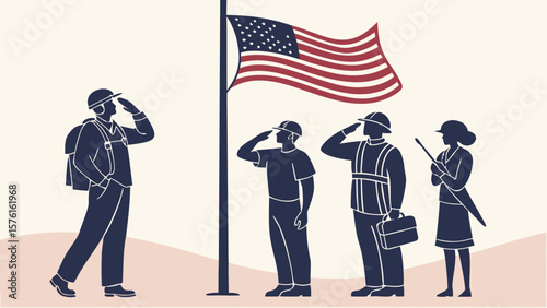Diverse group of people saluting american flag isolated on white background