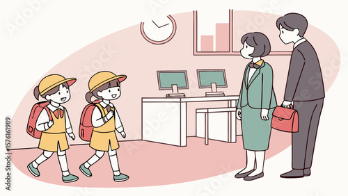 Two young students with backpacks walk towards adults in an office setting isolated on white background