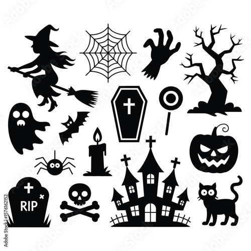 Halloween icons witch ghost spider pumpkin haunted house