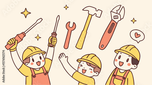 Happy cartoon construction workers with tools and stars isolated on white background