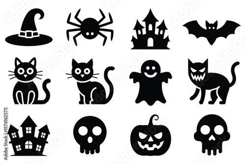 Halloween icons witch hat spider bat ghost skull pumpkin haunted house