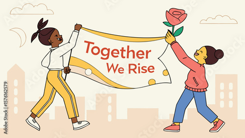Two girls holding a banner that says together we rise isolated on white background