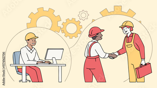 Two construction workers shaking hands with gears and a person at a computer isolated on white background