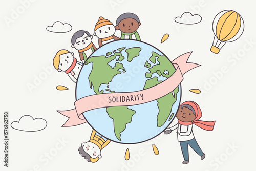 Diverse group of children holding the earth with solidarity banner isolated on white background