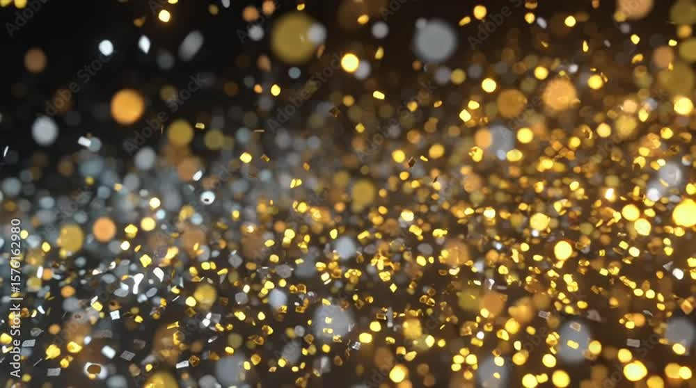 A sparkling, dynamic scene of golden and silver bokeh lights floating in a dark background. The glittering particles create a festive, magical, and dreamy atmosphere, perfect for video effects 