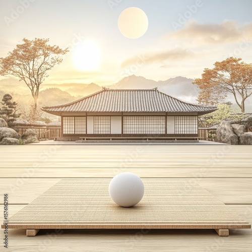 White Sphere on Wooden Tray with Japanese House Background