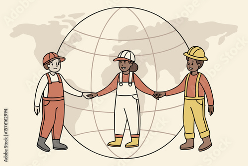Diverse construction workers holding hands around the globe isolated on white background