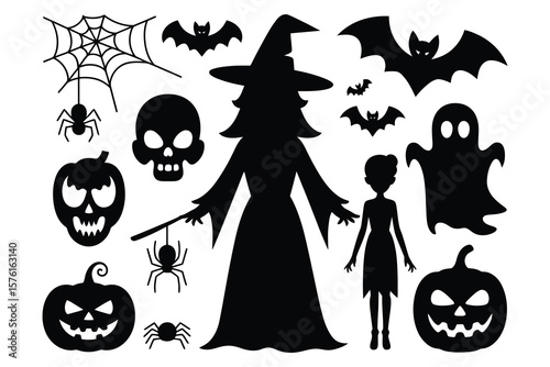 Halloween silhouettes bats pumpkins ghost witch spiders