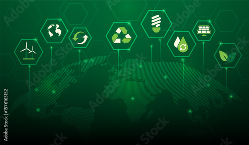 ecology environment renewable energy and sustainable with icon background. ESG and save world wallpaper. vector illustration fantastic green technology.