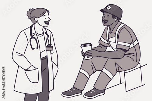 Doctor and construction worker sharing a friendly conversation isolated on white background