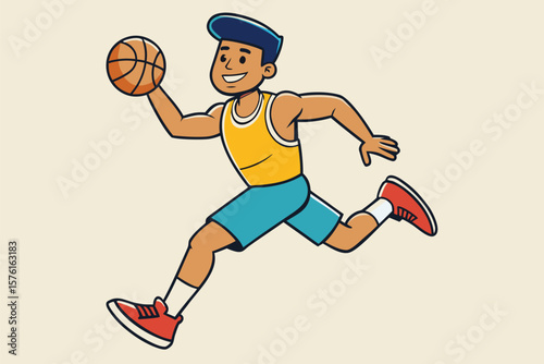 Cartoon Illustration of a Happy Boy Playing Basketball in a Fun Setting
