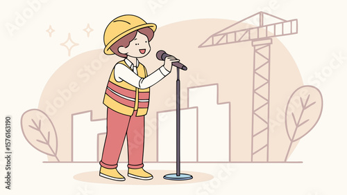 Construction worker speaking into a microphone with a crane and buildings behind isolated on white background