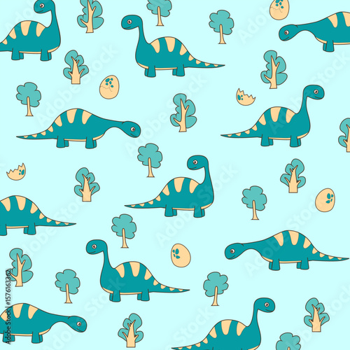 cute dinosaur brontosaur cartoon seamless pattern green background for kids apparel fullprint fabric