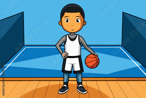 Illustration of a young basketball player standing confidently holding a ball on the court, representing athletics and teamwork.