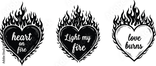 Gothic goth angel core y2k flaming burning hearts illustrations. Heart on fire, love burns, light my fire typographic compositions. Black white print design collection