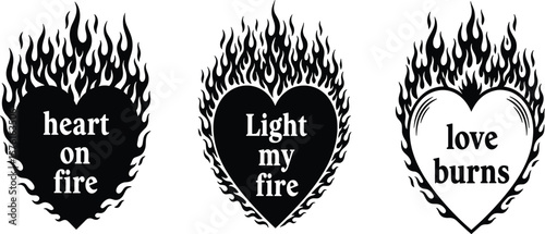 Gothic goth angel core y2k flaming burning hearts illustrations. Heart on fire, love burns, light my fire typographic compositions. Black white print design collection