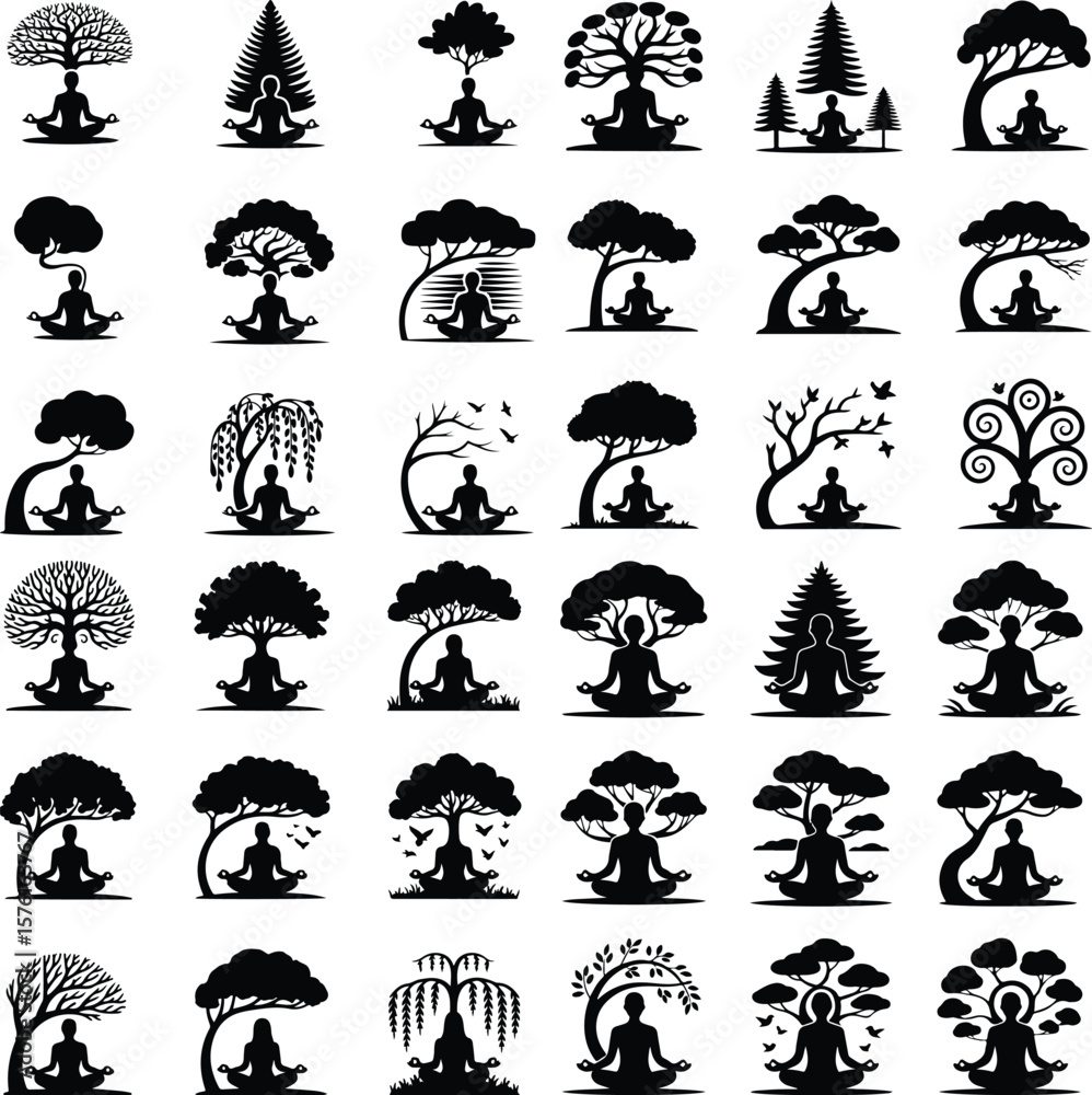 Fototapeta premium Meditation Under Tree Silhouette – Peaceful Yoga Icon Vector Set Zen Meditation Pose Under Tree – Spiritual Silhouette Illustration Pack