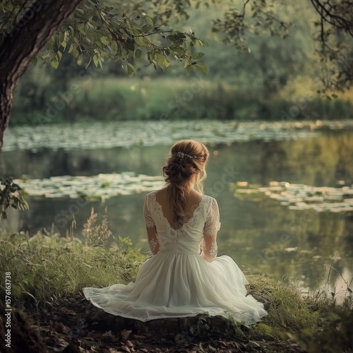 Woman in White Dress by Pond