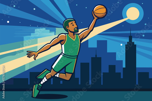 Illustration of Basketball Player Dunking with Urban Night Skyline