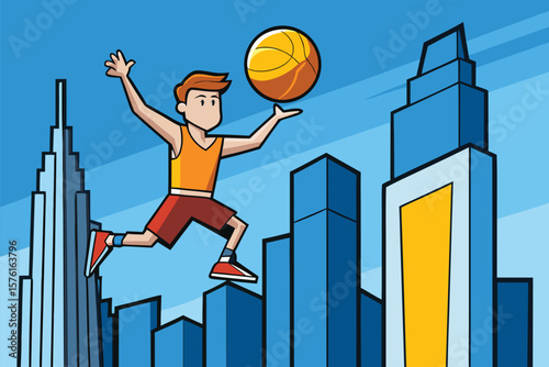 Cartoon Basketball Player In Action Against Urban Skyscraper Background