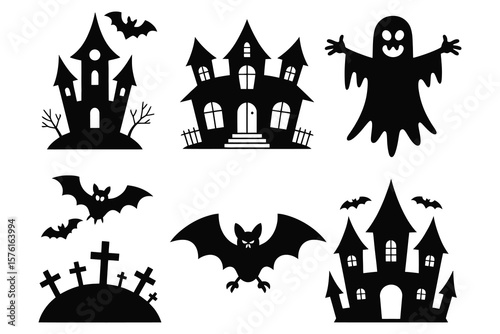 Haunted houses bats ghost graveyard halloween