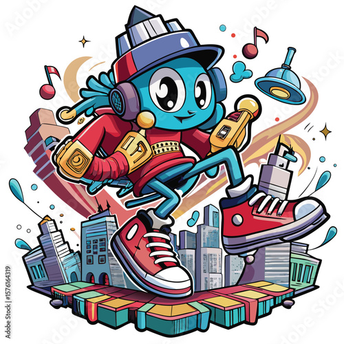 Cartoon Figure Made of Music Notes and City Vibe T Shirt Design