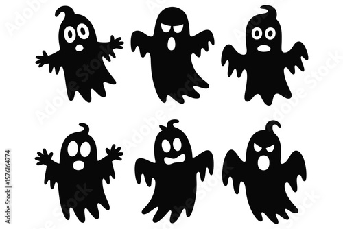 Six black ghosts with white eyes halloween spooky