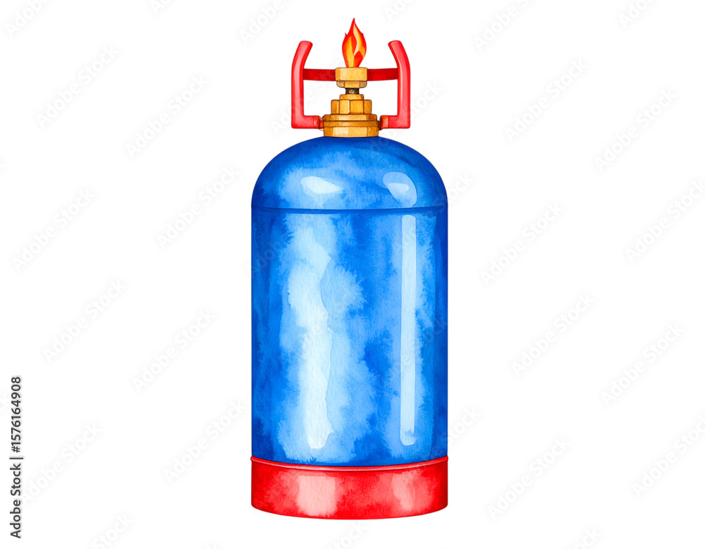 Obraz premium Painted Propane Tank: A vibrant illustration of a blue propane tank with red accents and a burning flame, ideal for designs related to energy or cooking.