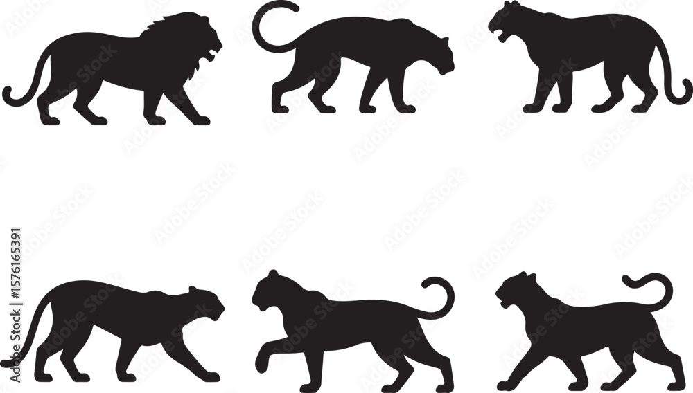 Obraz premium Majestic Big Cats Silhouette Collection of Lions and Panthers