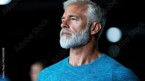 A confident older man with white hair and beard looks thoughtfully into the distance, wearing a blue athletic shirt against a dark background.