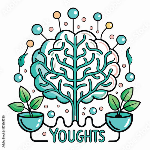 Line Art Brain with Growing Plants Water Mind T Shirt Design