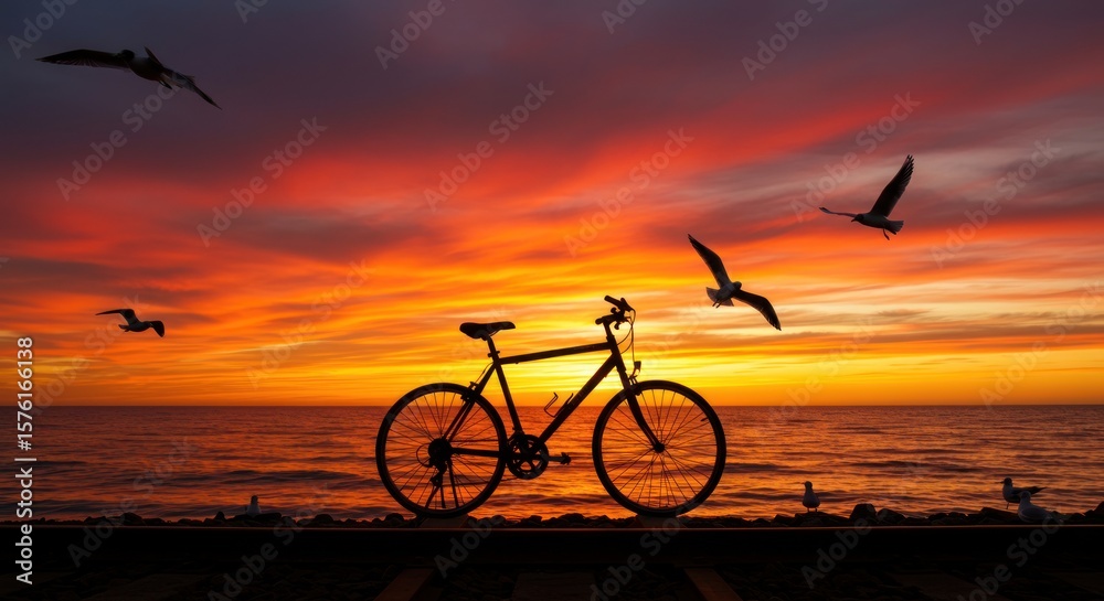 Fototapeta premium Sunset Silhouette of a Bicycle by the Ocean