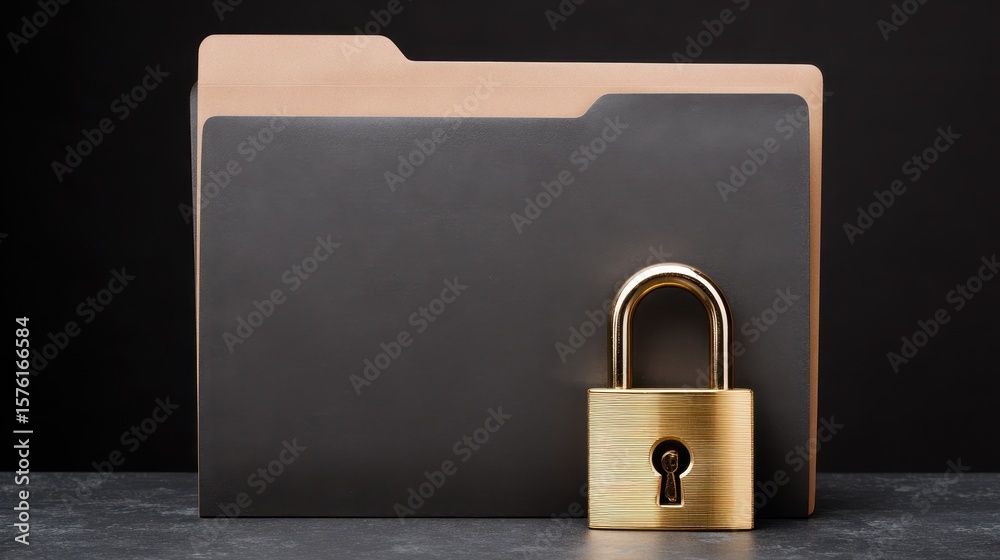 Naklejka premium A locked padlock secures a black folder, symbolizing safety and confidentiality in document management.