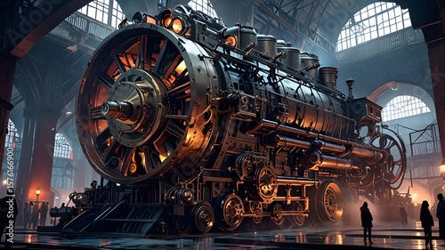 Symbol of the Industrial Revolution: A massive, dormant steam engine, crafted from dull cast iron, with enormous gears and sturdy pipes
