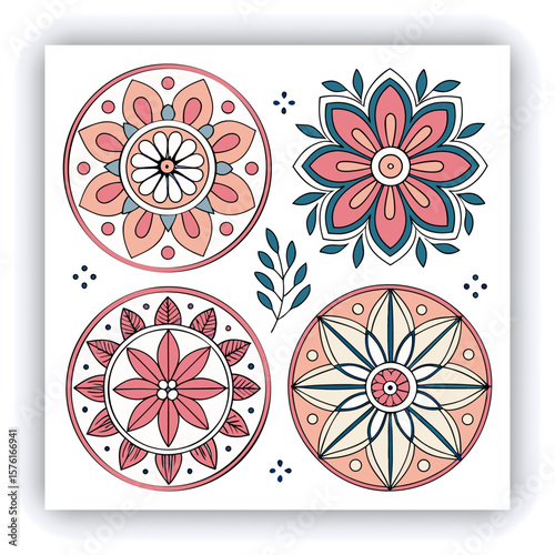 Elegant Black and White Mandala Patterns Illustration, A set of beautifully intricate black and white mandala patterns featuring symmetrical floral and geometric designs. Ideal for coloring pages, med