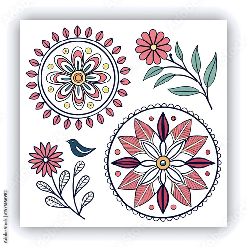 Elegant Black and White Mandala Patterns Illustration, A set of beautifully intricate black and white mandala patterns featuring symmetrical floral and geometric designs. Ideal for coloring pages, med