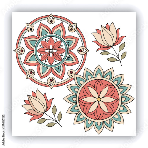 Elegant Black and White Mandala Patterns Illustration, A set of beautifully intricate black and white mandala patterns featuring symmetrical floral and geometric designs. Ideal for coloring pages, med