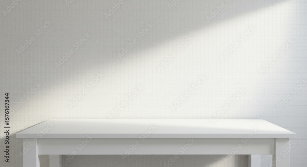 Fototapeta premium A bright minimalist scene showing a plain white table against a textured white wall, illuminated by a diagonal beam of natural light