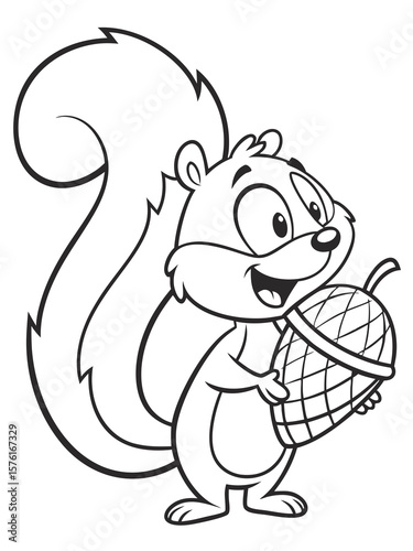 A cheerful cartoon squirrel holding a big acorn and wagging its fluffy tail. Very simple and cute black-and-white line drawing for children