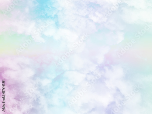 Murais de parede beauty sweet pastel green and pink colorful with fluffy clouds on sky