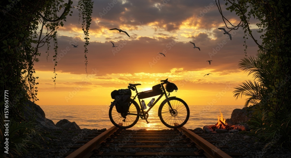 Fototapeta premium Sunset cyclist silhouette in the mountains: a man biking on an adventure