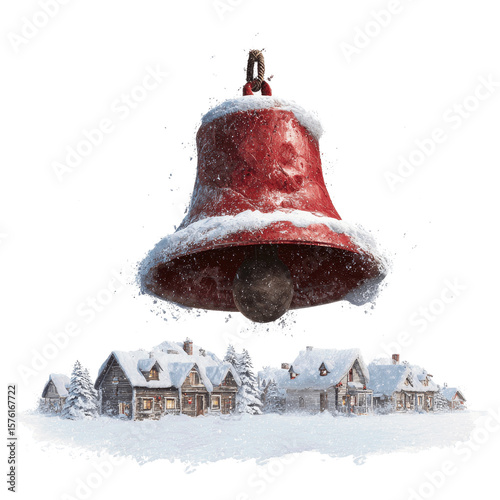 Snow-Covered Christmas Bell Ringing Over Winter Village