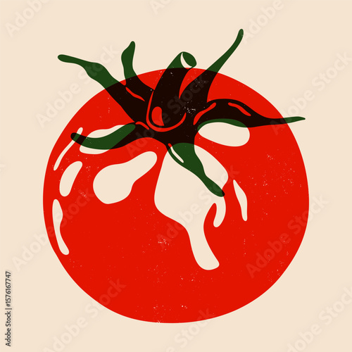 Red tomato. Ripe tomato with green leaves, abstract fresh vegetable with modern risograph effect, organic vegetarian food product. Vector isolated illustration