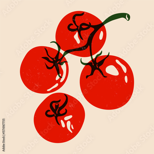 Red tomato. Ripe cherry tomatoes on tree branch, abstract fresh vegetable with green leaves modern risograph effect, organic vegetarian food product. Vector isolated illustration