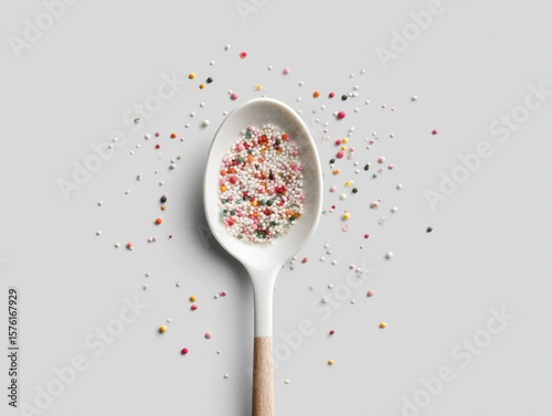 Colorful sprinkles scattered around a white spoon on a light background in a kitchen setting