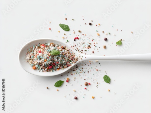 Colorful seasoning blend on a spoon with fresh mint leaves ready for culinary use