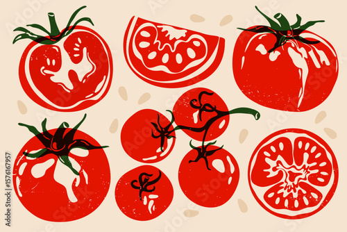 Red tomato set. Whole and sliced tomatoes, abstract fresh vegetables, food collection with green leaves and spots risograph effect, organic vegetarian products. Vector isolated collection